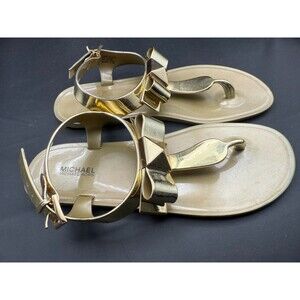 Michael Kors Thong Jelly Sandals Womens Size 6M Metallic Gold Bow Slingback Flat